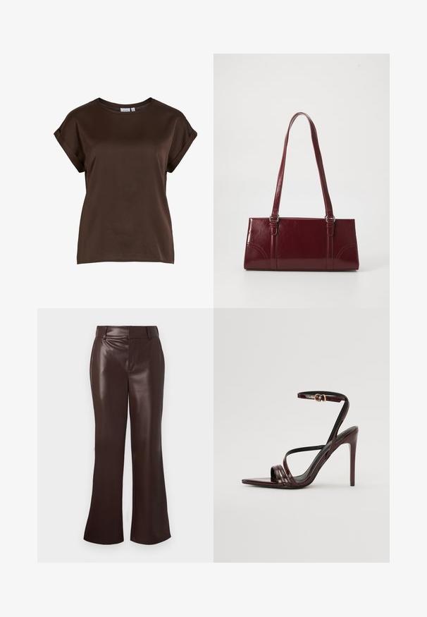 Top marrón de manga corta con un escote redondo, confeccionado en tela suave, con mangas enrolladas y un corte relajado. Etiqueta de la marca visible.; Pantalones acampanados de imitación de cuero marrón con una textura suave, que presentan una cintura con cinturón y una cremallera. Líneas limpias y una silueta elegante.; Sandalia de tacón alto de charol burdeos con tira en el tobillo, punta afilada y tres tiras horizontales en el pie. Detalle de hebilla en tono dorado.; Bolso burdeos hecho de material brillante, de forma rectangular, con dos asas para el hombro y sutiles acentos curvados en la parte frontal.