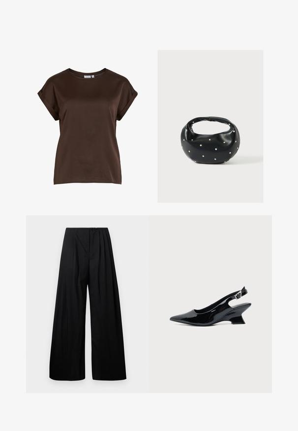 Top marrón de manga corta con un escote redondo, confeccionado en tela suave, con mangas enrolladas y un corte relajado. Etiqueta de la marca visible.; Pantalones de pierna ancha negros con cintura alta, que cuentan con pliegues verticales y cierre de botón. Textura suave, diseño minimalista.; Zapato slingback de cuero charol negro con puntera puntiaguda y tacón bajo en bloque inclinado sobre fondo claro liso.; Bolso de mano de cuero negro con forma redondeada, decorado con detalles de tachuelas plateadas y un asa corta. Textura lisa y cierre con cremallera.