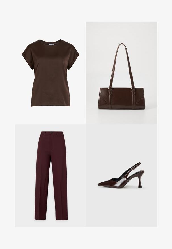 Bruine, korte mouwen top met een ronde halslijn, gemaakt van gladde stof, met opgerolde mouwen en een relaxte pasvorm. Merkenlabel zichtbaar.; Donker bordeaux straight-fit broek met knoop- en ritssluiting, riemlussen en geperste vouwen, getoond tegen een effen achtergrond.; Bruine gepatineerde leren slingback pumps met een spitse neus, een dunne hak en een verstelbaar bandje met een kleine gesp.; Bruine lakleren handtas met een rechthoekige vorm, twee lange handvatten en subtiele gebogen accenten aan de voorkant.