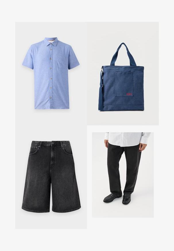 Kortærmet skjorte lavet af et lysblåt stof med et ternet mønster, der har en knap-til-front og en brystlomme.; Sorte denimshorts med en bred, lige pasform, der har knaplukning foran og fem lommer. Blød tekstur med en falmet finish.; Sorte denimbukser parret med skinnende sorte loafers. Skjorten er hvid med tynde lodrette striber, har lange ærmer og en knapkrave.; Blå lærredstote taske med frontlomme og rød "O.N.S" broderi, med to håndtag og en justerbar skulderrem.
