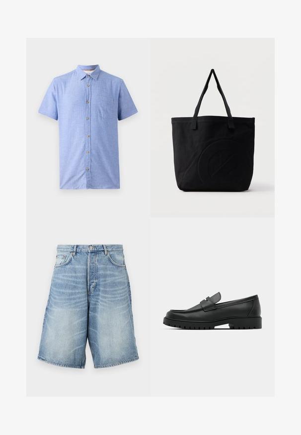 Kortærmet skjorte lavet af et lysblåt stof med et ternet mønster, der har en knap-til-front og en brystlomme.; Lysblå denimshorts med en falmet vask. Har en knappet talje, bæltestropper og to frontlommer.; Sorte læder loafers med rund tå, der har et syet design, lav platformssål og en struktureret, skridsikker gummisål.; Sort canvas-tote-taske med to skulderstropper og et diskret præget cirkeldesign på fronten.