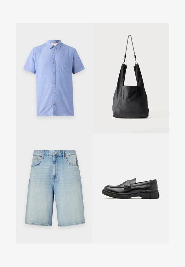 Chemise à manches courtes en tissu bleu clair avec un motif à carreaux, dotée d'une fermeture à boutons sur le devant et d'une poche poitrine.; Shorts en denim bleu clair avec une coupe droite, dotés d'une fermeture à bouton et à fermeture éclair, de cinq poches et d'une finition légèrement délavée.; Mocassin en cuir noir avec une large sangle sur le devant, semelle en caoutchouc à épaisse rainure, et texture lisse. Design classique et élégant.; Sac fourre-tout en tissu noir doux avec de larges anses et une fine bandoulière tressée noire et blanche.