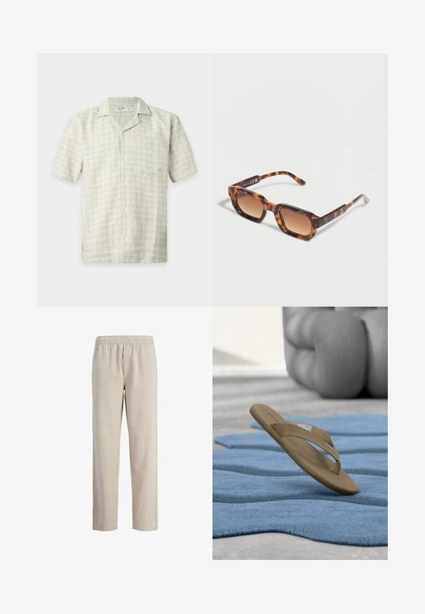 Chemise beige clair à manches courtes avec boutons, motif à carreaux discret et une poche avant, posée à plat sur un fond blanc.; Pantalon beige à taille élastique, à jambe droite, avec des coutures visibles sur les coutures et sans ornements ni poches supplémentaires.; Tongs marron suspendues au-dessus d’un tapis bleu texturé sur un sol clair, avec un grand objet gris flou en arrière-plan.; Lunettes de soleil rectangulaires à motif écaille de tortue avec des verres dégradés marron, reposant sur une surface claire.