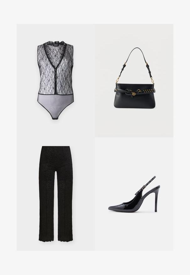 Hofmann Copenhagen EXCLUSIVE MARY - Top - black; Sorte bukser med høj talje og lige ben med blomstret blondeoverflade og bølget kant på hvid baggrund.; Sort laklæder højhælet slingback-sko med spids tå og justerbar spænde med mærke på hvid baggrund.; Sort læderhåndtaske med justerbar skulderrem, gyldent beslag og et dekorativt bælte med gyldne nitter og rund spænde foran.