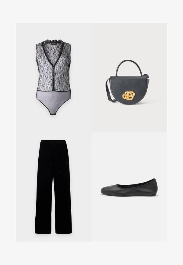 Hofmann Copenhagen EXCLUSIVE MARY - Top - black; Čierne široké nohavice s elastickým pásom a mäkkou sametovou textíliou, vystavené na jednoduchej svetlej pozadí.; Čierne kožené baleríny s okrúhlou špičkou, hladkým povrchom, minimálnym prešívaním a flexibilným dizajnom podrážky.; Čierna kožená kabelka s zaobleným tvarom, horným úchytom a odnímateľným popruhom. Na prednej strane je výrazný zlatý uzlový detail.