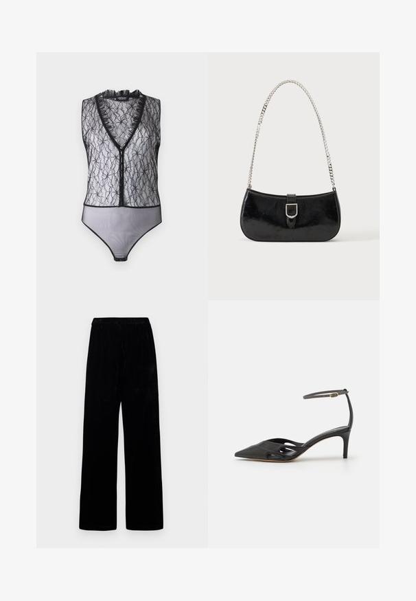 Hofmann Copenhagen EXCLUSIVE MARY - Top - black; Sorte brede bukser med elastisk talje og blødt fløjl, præsenteret mod en ensfarvet lys baggrund.; Sort læder højhælet sko med spids tå, åbne sider og en tynd ankelrem med en lille guld detalje.; Sort skuldertaske i laklæder med sølv spænde og sølv kæderem, vist mod en ensartet lys baggrund.