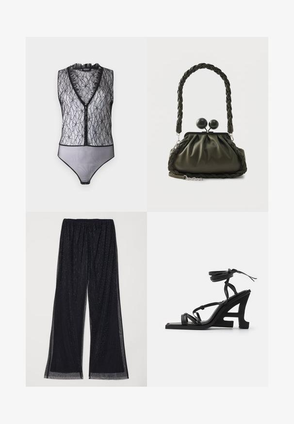 Hofmann Copenhagen EXCLUSIVE MARY - Top - black; Sorte vidde bukser lavet af tekstureret stof, med et gennemsigtigt lag med reflekterende prikker og en elastisk talje for komfort.; Ahluwalia WEDGE - Højhælede sandaletter / Højhælede sandaler - black; Olivengrøn læderhåndtaske med flettet håndtag og sølvhardware, med en samlet design og runde låsedetaljer på toppen.