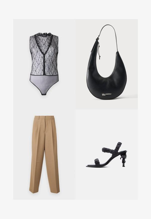 Hofmann Copenhagen EXCLUSIVE MARY - Top - black; Beige skræddersyede bukser med høj talje, plisseret front og bred benudskæring. Stoffet ser glat ud med en let glans.; Sort åben tå-sandal med rynkede remme og en unik hæl formet som en miniaturefigur, der står oprejst.; Sort skuldertaske i læder formet som en halvmåne med tynd rem og sølv lynlås, med "KARL LAGERFELD JEANS" sølvlogo foran.