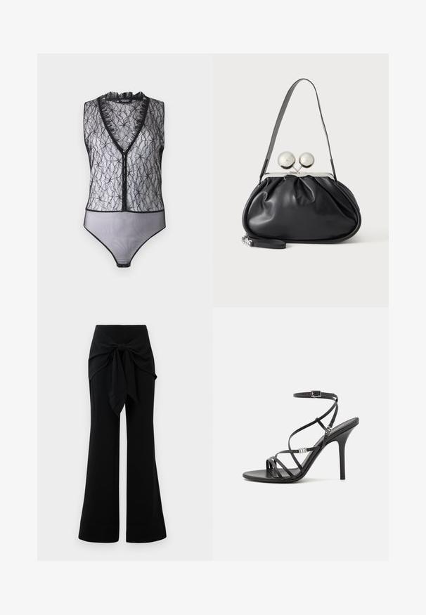 Hofmann Copenhagen EXCLUSIVE MARY - Top - black; Sorte vide benbukser med taljebånd. Fremstillet af blødt stof med en glat overflade og rene linjer. Nederkanten er let udvidet.; Sort højhælet sandal med tynde stropper, en ankelspænde, en glat læderoverflade og en slank stilethæl.; Sort læderhåndtaske med opsamlet design, en enkelt rem, sølv metalramme og to store runde sølv lukninger.