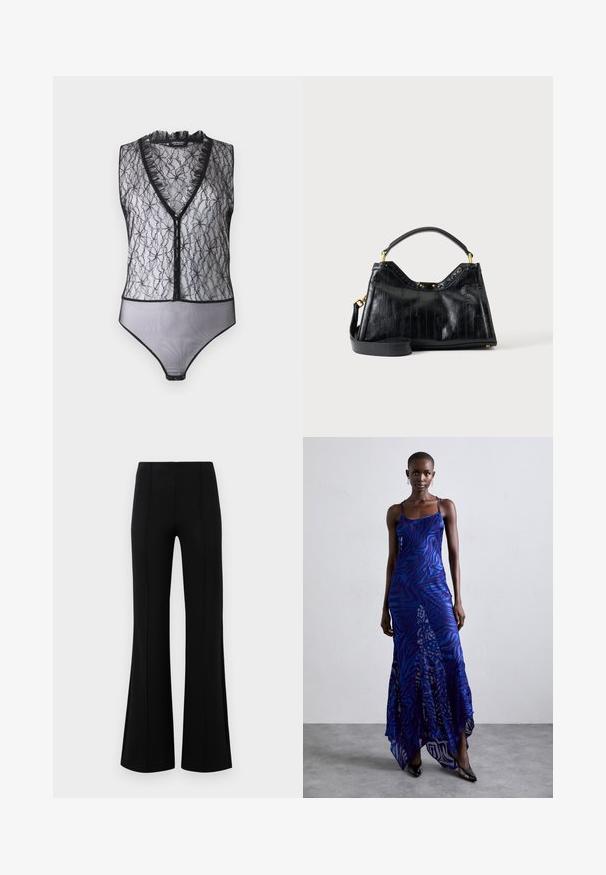 Hofmann Copenhagen EXCLUSIVE MARY - Top - black; Čierne rozšírené nohavice s vysokým pásom, vyrobené z elastického materiálu. Obsahujú vertikálne švy na prednej strane a hladkú textúru.; Maxi šaty s potlačou zvieracích vzorov v modrej a fialovej farbe, s tenkými ramienkami, priliehavým telom, rozšíreným lemom a priesvitnými detailmi.; Čierna kožená kabelka s textúrovanými vertikálnymi líniami, krátkou rúčkou, odnímateľným dlhým remienkom a zlatými kovovými doplnkami na jednofarebnom pozadí.