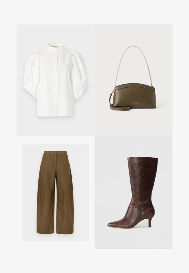 Blouse blanche avec manches bouffantes en dentelle ajourée, col montant et fermeture à boutons sur le devant.; Pantalon large en lin marron avec une texture lisse, doté d'une taille ajustée et de deux poches latérales. Le design offre une silhouette ample.; Bottine marron en simili cuir avec un bout pointu, un imprimé serpent texturé et un talon de 5 cm, présentant un design élégant et épuré.; Sac à main Michael Kors vert olive avec bandoulière en chaîne dorée, dessus courbé et petit logo doré sur le devant, présenté sur fond blanc.