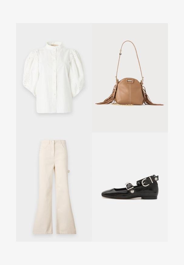 Blouse blanche avec manches bouffantes en dentelle ajourée, col montant et fermeture à boutons sur le devant.; Jean beige évasé en coton avec taille haute, présentant une fermeture à bouton, cinq poches et un détail de boucle sur le côté.; Ballerine en cuir verni noir avec un bout carré, sangle de cheville avec des détails en métal argenté et semelle plate. Texture lisse avec un design minimaliste.; Petit sac à bandoulière en cuir fauve avec longue bandoulière, détail chaîne dorée et franges des deux côtés sur un fond neutre.