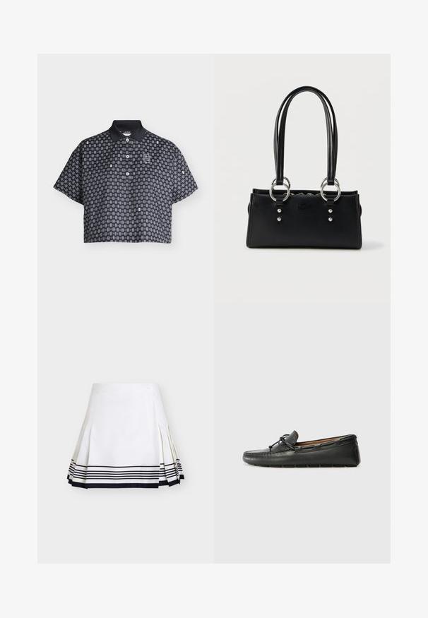 Polo noir court avec petit motif géométrique blanc, manches courtes, trois boutons blancs et col noir avec étiquette Lacoste.; Jupe blanche plissée avec des rayures horizontales noires près de l'ourlet et un petit bouton sur la taille, présentée sur un fond uni.; Bateau en cuir noir avec un bout arrondi, des détails de couture, un petit accent en nœud et une semelle en caoutchouc. Texture lisse et design épuré.; Sac à main rectangulaire noir avec double poignée, ferrures anneaux argentés et logo embossé discret sur le devant, sur fond blanc.