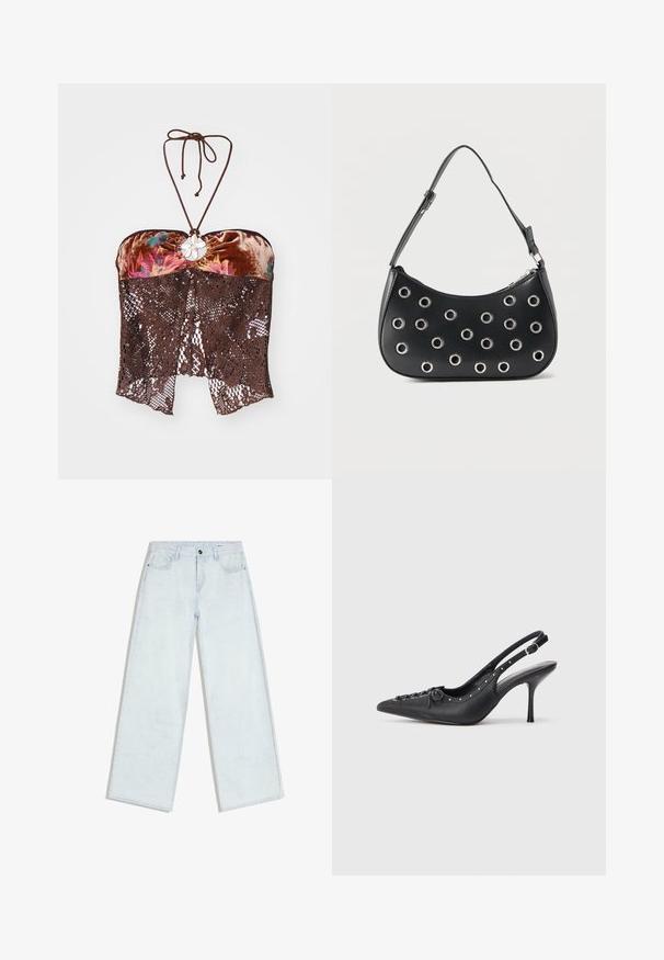 Braunes Samt-Halftertop mit floralen Akzenten, das ein zentrales dekoratives Element und spitzenartige Details am Saum aufweist.; Hellblaue Jeans mit weitem Bein, vorne mit Knopf und Reißverschluss, Gürtelschlaufen und Fünf-Taschen-Stil, flach auf weißem Hintergrund ausgelegt.; Schwarzer Leder-Slingback-Stiletto mit spitzem Zehenaufsatz, seitlichem Schnallenriemen, Nieten entlang der Kante und dekorativer Schnürung vorne.; Schwarze Lederschultertasche mit verstellbarem Riemen, ausgestattet mit silbernen Metallösenverzierungen und einem Reißverschluss an der Oberseite.