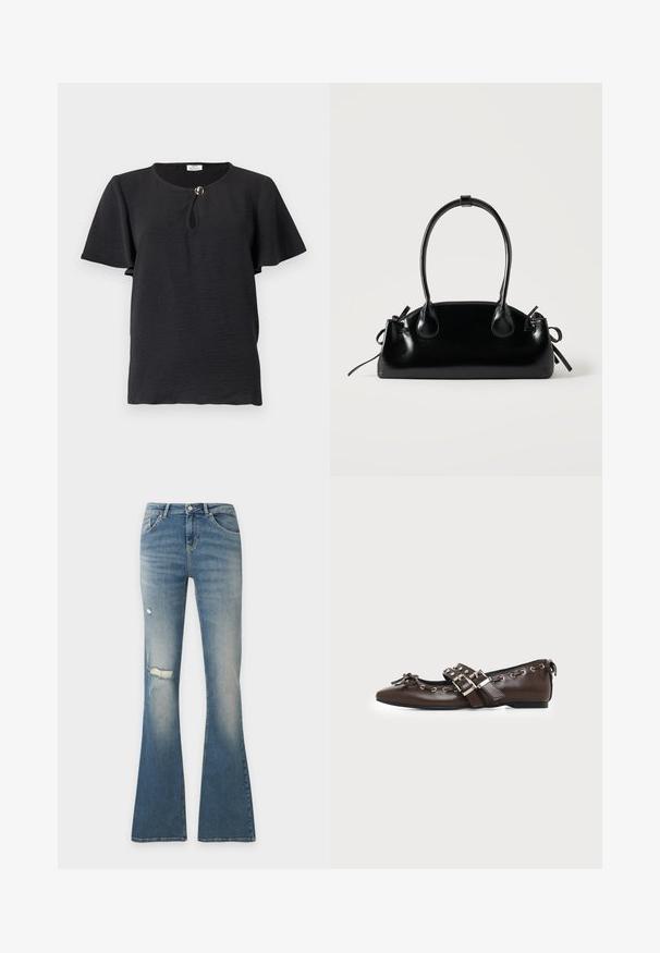 Blouse noire texturée à manches courtes, col rond, petite ouverture en forme de goutte, fermeture par un bouton décoratif doré unique.; Jean flare en denim bleu avec des détails usés sur la cuisse et le genou gauches, bouton à l'avant et coupe à cinq poches.; Chaussure plate en cuir marron foncé avec bout pointu, doubles brides à boucles argentées, œillets métalliques et nœud décoratif à l'avant.; Petit sac à main noir brillant avec deux longues anses et des détails à cordon sur les côtés sur un fond clair uni.