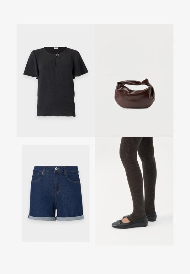 Blouse noire texturée à manches courtes, col rond, petite ouverture en forme de goutte, fermeture par un bouton décoratif doré unique.; Short en denim bleu foncé avec ourlets pliés, fermeture à boutons et zip à l'avant, et poches avant sur fond uni.; Jambes portant des leggings côtelés foncés associés à des ballerines noires avec de petits détails en nœud sur fond blanc.; Sac bandoulière en cuir marron foncé avec une forme souple et décontractée et une anse nouée torsadée sur un fond blanc uni.