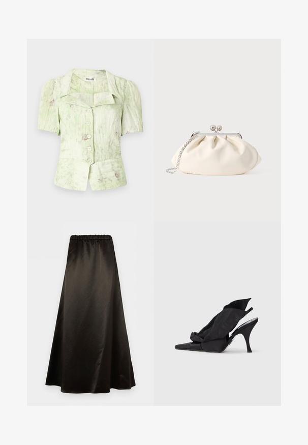 Blouse verte à manches courtes avec un col, présentant une patte de boutonnage à l'avant et un imprimé texturé avec des accents rose clair.; Jupe en satin noire en forme trapèze avec taille élastique et texture lisse, légèrement brillante, présentée sur fond blanc.; Escarpins slingback noirs à talons hauts avec une pointe pointue, dotés d'une tige en textile drapé et d'un nœud décoratif sur le panneau avant.; Pochette en tissu crème avec un design froncé, cadre en métal argenté, deux boules décoratives, et une bandoulière chaîne argentée.