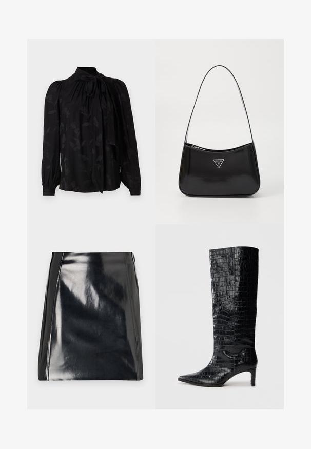 Sort bluse med høj krave og bindedetalje. Har et subtilt blomstermønster og puffede lange ærmer med sammensnørede manchetter. Glat tekstur.; Sort læder mini skirt med en højglans finish. Har synlige syningsdetaljer og en tætsiddende silhuet. Glat tekstur hele vejen igennem.; Sorte knæhøje støvler med en blank, krokodillemønstret tekstur, spids tå og en affaset hæl. Glat syntetisk materiale.; Sort patenteret læder skuldertaske med en buet form, prydet med et sølvfarvet trekantet logo og en lynlås-lukning. Glat tekstur og slank rem.
