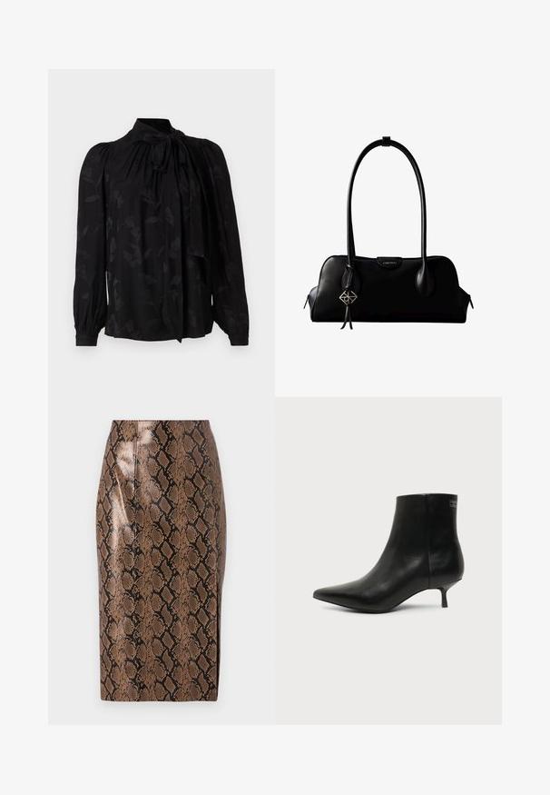 Blouse noire avec un col haut et un détail de cravate. Présente un motif floral subtil et des manches longues bouffantes avec des poignets froncés. Texture lisse.; Jupe crayon en imprimé serpent marron avec une finition brillante, présentant un design ajusté et des coutures verticales pour une silhouette élancée.; Bottine en cuir noir avec bout pointu et petit talon kitten sur fond clair, vue côté extérieur.; Sac à main en cuir noir Calvin Klein avec de longues anses, une étiquette logo à l'avant et un charme géométrique argenté suspendu à une anse.