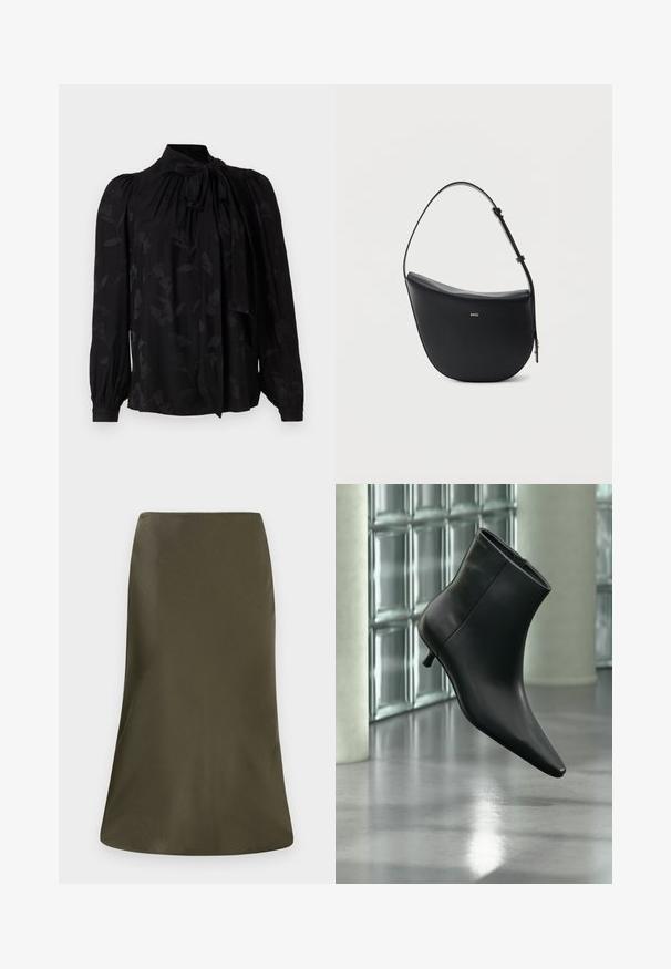 Blouse noire avec un col haut et un détail de cravate. Présente un motif floral subtil et des manches longues bouffantes avec des poignets froncés. Texture lisse.; Jupe midi vert olive avec une texture lisse, en forme évasée, et une taille élastique. Design minimaliste sans motifs ni accents visibles.; Bottine en cuir noir à bout pointu et petit talon kitten, présentée en angle devant un sol poli et un mur en blocs de verre.; Sac à bandoulière en cuir noir en forme de demi-lune avec une bandoulière réglable et le logo doré « BOSS » centré sur le devant.