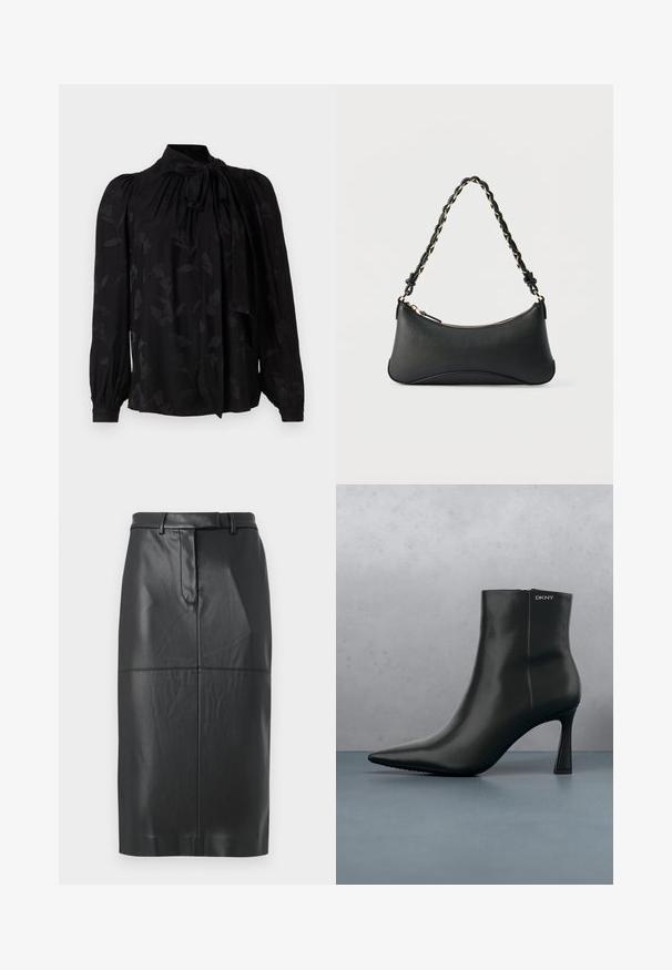 Blouse noire avec un col haut et un détail de cravate. Présente un motif floral subtil et des manches longues bouffantes avec des poignets froncés. Texture lisse.; Jupe crayon en simili cuir noir avec passants de ceinture, couture frontale et fermeture dissimulée, longueur genoux avec une finition lisse.; Bottine en cuir noir avec un bout pointu et un talon géométrique. Présente un branding subtil et une texture lisse. L'arrière-plan est constitué de carreaux texturés.; Sac à bandoulière en cuir noir de forme rectangulaire incurvée, avec une chaîne dorée tissée dans la bandoulière noire tressée et une fermeture éclair sur le dessus.