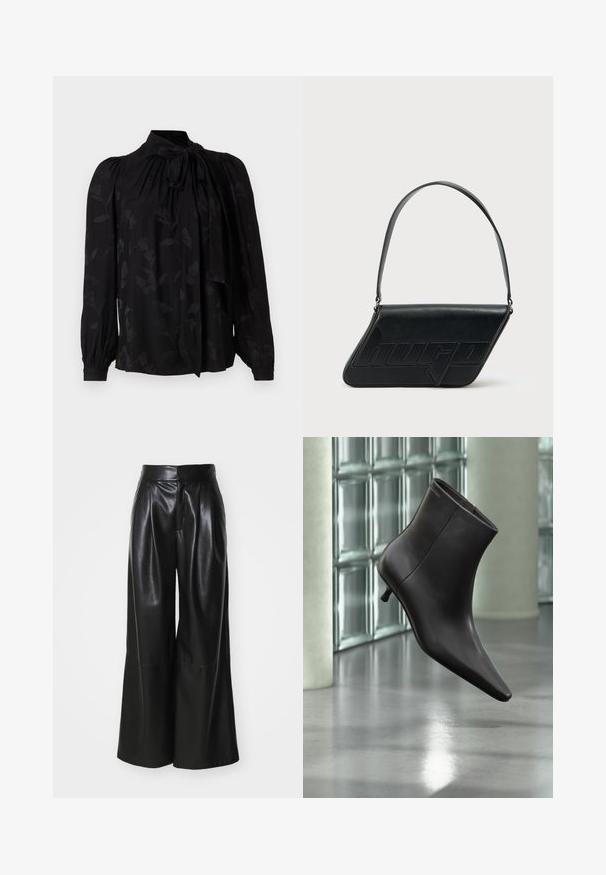 Blouse noire avec un col haut et un détail de cravate. Présente un motif floral subtil et des manches longues bouffantes avec des poignets froncés. Texture lisse.; Pantalons large en faux cuir noir, taille haute, avec un devant plissé et une texture lisse. Caractéristiques d'un design épuré et minimaliste.; Bottine en cuir noir avec bout pointu et petit talon, présentée devant un mur en blocs de verre et un sol poli.; Sac d'épaule en cuir noir de forme triangulaire, avec un logo embossé et une seule bandoulière réglable. Design minimaliste avec une texture lisse.