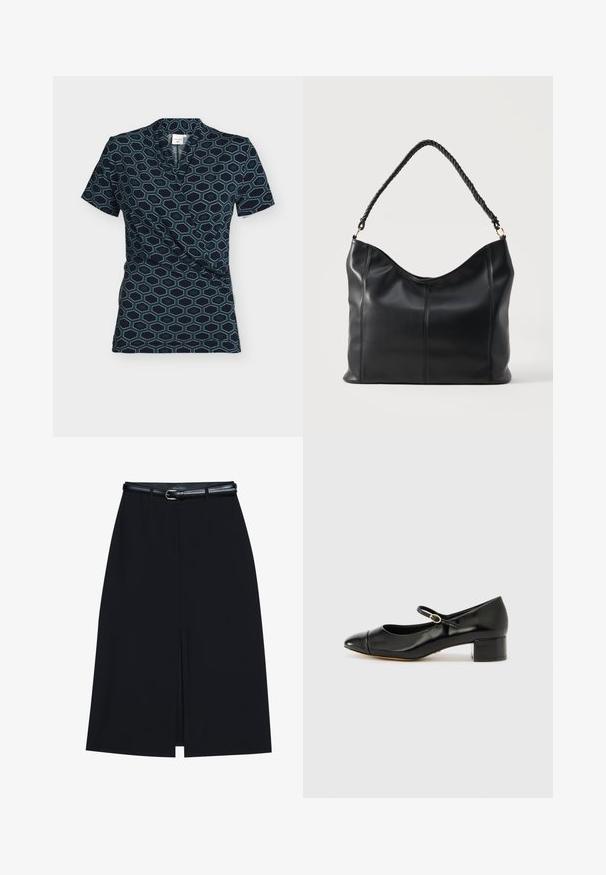 Blouse portefeuille manches courtes pour femme avec motif hexagones bleu marine et bleu sarcelle sur fond sombre.; Jupe noire à mi-cuisse avec une fente frontale, fabriquée en tissu lisse. Comprend une fine ceinture noire avec une boucle en argent et des passants.; ALDO DECIMA - Escarpins - black; Sac à épaule en cuir noir avec poignée torsadée et détails de couture verticale sur un fond clair uni.