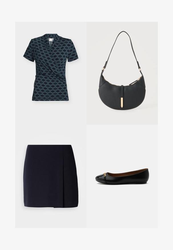 Blouse portefeuille manches courtes pour femme avec motif hexagones bleu marine et bleu sarcelle sur fond sombre.; Une mini-jupe noire à silhouette droite, fabriquée en tissu doux, avec un pli latéral pour un détail supplémentaire et un ourlet net.; Ballerine en cuir verni noir avec bout arrondi et détail chaîne dorée à l'avant, semelle plate, doublure intérieure marron.; Sac à main noir en forme de croissant avec une bandoulière unique, une fermeture éclair dorée et une languette décorative rectangulaire dorée à l'avant.