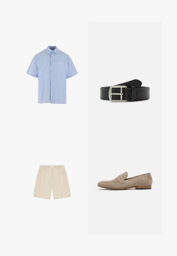 Kortærmet skjorte med knapper i lys blå med hvide striber, med en klassisk krave og et lille broderet design på brystet.; Beige knælange skræddersyede shorts med bæltestropper, forreste plisseringer, sidelommer og lukning med knap og lynlås.; Beige ruskindsloafer med minimal syning, en flad hæl og en lædersål. Udstyret med en enkelt stropdetalje nær vampen. Flad silhuet.; Sort læderbælte med spænde af sølvmetal, glat tekstur og et elegant design med spids ende og syninger som detaljer.