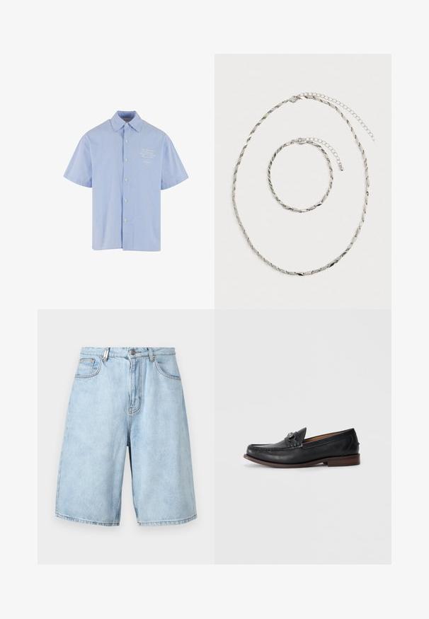 Chemise bleu clair à manches courtes avec boutons, fines rayures blanches verticales et petit logo brodé sur la poitrine gauche.; Shorts en denim bleu clair avec une coupe décontractée, dotés de deux poches avant, d'un zip et de coutures apparentes.; Mocassins en cuir noir avec un bout arrondi, des détails décoratifs à l'avant et une semelle en cuir brun contrastante. Texture lisse et design à enfiler.; Collier en chaîne torsadée argentée et bracelet assorti avec fermoirs ajustables, posés à plat sur un fond blanc.