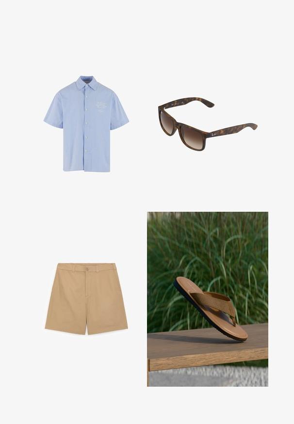 Chemise bleu clair à manches courtes avec boutons, fines rayures blanches verticales et petit logo brodé sur la poitrine gauche.; Shorts sur mesure pour hommes beige avec passants de ceinture, fermeture par bouton devant et poches latérales, étalés à plat sur un fond blanc.; Sandale tong marron avec bride texturée et semelle noire, posée sur le bord d'un banc en bois, plantes vertes floues en arrière-plan.; Lunettes de soleil en écaille de tortue avec des verres dégradés bruns, de forme rectangulaire, avec des montures épaisses et un accent de logo en argent sur le côté.
