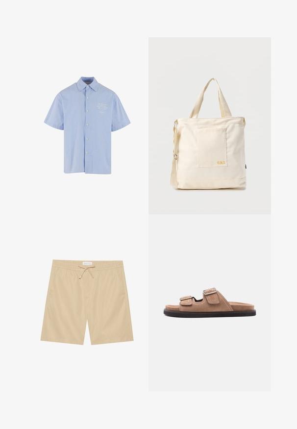 Kortærmet skjorte med knapper i lys blå med hvide striber, med en klassisk krave og et lille broderet design på brystet.; Tan svømshorts med elastisk talje, snoretræk, to sidelommer og en glat stoftekstur. Fremhæver et minimalistisk design.; Brun ruskinds slidessandal med sort sål, med to justerbare remme med spænder og hvide syninger, set fra siden på hvid baggrund.; Kremfarvet lærredstote-taske med frontlomme, to håndtag, justerbar skulderrem og lille gul "O.N.S" tekst i nederste højre hjørne af lommen.
