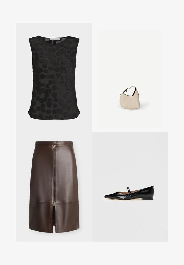 Blouse noire sans manches en tissu semi-transparent avec motif texturé de points irréguliers, col rond et petites fentes latérales à l'ourlet.; Jupe en cuir marron longueur genou avec fermeture éclair argentée sur le devant et fermeture par bouton à la taille, avec une petite fente à l'avant.; Chaussure plate Mary Jane en cuir verni noir, à bout pointu, avec une seule sangle et un petit talon sur fond uni.; Sac à main en cuir beige en forme de croissant avec une seule bandoulière et des coutures minimalistes, posé sur un fond blanc uni.