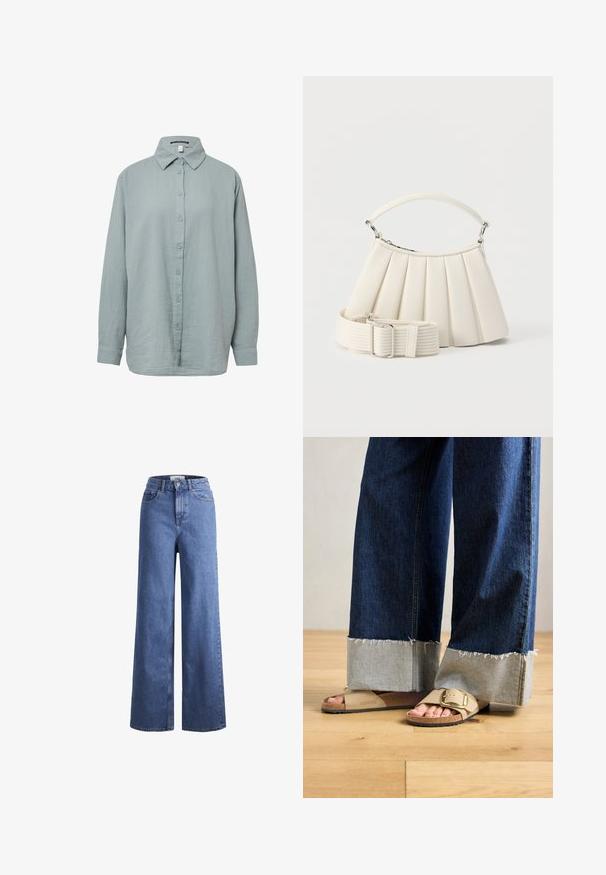 Chemise à manches longues, bleu clair, à boutons. Fabriquée en tissu doux et texturé avec un col standard, dotée d'une fermeture à boutons sur le devant et de manches à poignet.; Jean large en denim bleu clair avec taille haute, deux poches avant et coutures visibles. Fermeture à bouton et à zip.; Des pieds portant des sandales Birkenstock beiges avec des boucles dorées, associées à un jean en denim bleu foncé retroussé aux chevilles, posés sur un sol en bois.; Sac à main blanc plissé avec poignée courte et une large bandoulière amovible texturée avec boucle argentée.