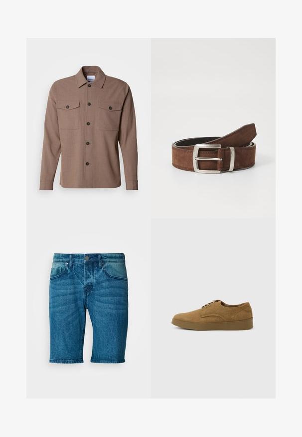 Pruun nööbitav särk, mis on valmistatud tekstuursest kangast koos pikkade varrukatega, kaheteistkümne rinna taskuga ja mustade nuppudega. Klassikaline kraedi design.; Keskmise pesu sinistest denimist lühikesed püksid. Omavad nööbikinnitust, viit taskut ja kerget kulumist, sirge jalas lõikega.; Pruun seemisnahast paeltega vabaaja jalanõu tasase kummipõhjaga, vaadatuna küljelt ühetaustalise heleda tausta peal.; Pruun sametist vöö, millel on hõbedane metallist klamber ja jooneline tikandi detail. Vöö on tasane ning sellel on klassikaline laius ja kuju.