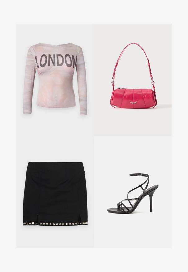 Blusa de manga larga que presenta un patrón abstracto en rosa claro con "LONDON" impreso en letras negras en negrita a lo largo del pecho. Tela elástica.; Ludovic de Saint Sernin LISETTE - Minifalda - black; Sándalo negro de tacón alto con tiras finas, hebilla en el tobillo, superficie de cuero suave y tacón de aguja esbelto.; Pequeño bolso de hombro de piel rosa brillante con emblema de ala plateada y correa ajustable, cierre superior con cremallera, mostrado sobre fondo blanco.