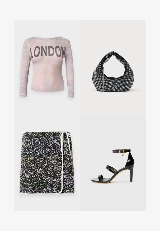 T-shirt à manches longues avec un motif abstrait rose clair et "LONDON" imprimé en lettres noires en gras sur la poitrine. Tissu extensible.; Jupe portefeuille noire arborant un motif d'étoiles multicolores avec des nuances de jaune pastel, de vert et de bleu, soulignée par des bordures blanches et un lien.; Sandale en cuir verni noir avec trois brides, boucle de cheville et talon aiguille de 10 cm. Présente un détail en métal doré et un charm logo.; Sac à main en maille noire orné de clous en argent, avec une poignée incurvée et une bandoulière en chaîne. Texture douce avec une forme arrondie.