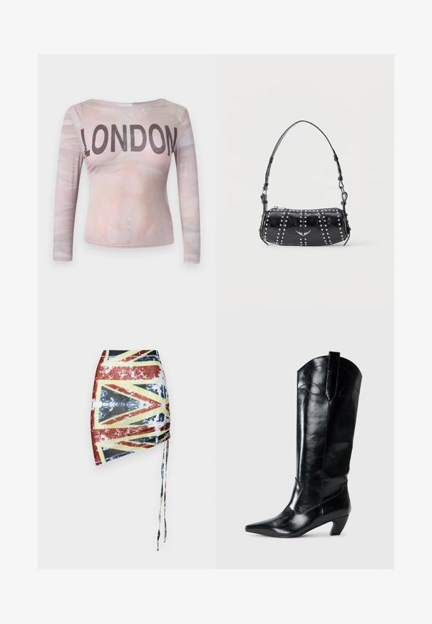 Langærmet top med et lyserødt abstrakt mønster og "LONDON" trykt i fede sorte bogstaver over brystet. Strækbart stof.; Sinead Gorey LARGE UNION JACK PRINT RUCHED SKIRT - Mini skirts - red; Sorte læderknæhøje støvler med spids tå, lav hæl og dekorative syninger på siderne. Glat, blank overflade.; Sort skuldertaske i laklæder med sølvnitter i lodrette rækker og et lille sølvfugleemblem midt på fronten.