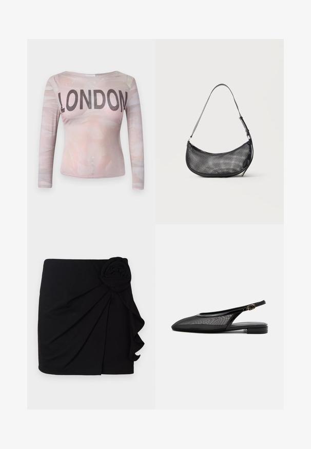 T-shirt à manches longues avec un motif abstrait rose clair et "LONDON" imprimé en lettres noires en gras sur la poitrine. Tissu extensible.; Jupe mini noire en tissu doux avec un design plissé. Présente un accent en forme de rose en tissu sur le côté et un ourlet à volants.; Chaussure plate noire à bride arrière, bout pointu, tige en mesh, bride à boucle réglable et petit talon empilé sur fond blanc.; Petit sac d'épaule noir en mesh en forme de croissant avec une lanière fine réglable, sur un fond clair uni.