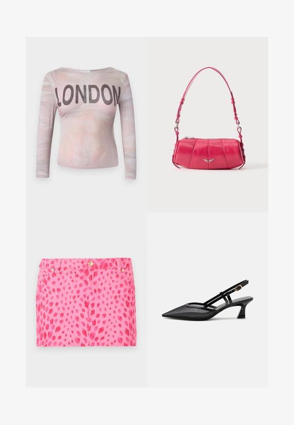 Blusa de manga larga que presenta un patrón abstracto en rosa claro con "LONDON" impreso en letras negras en negrita a lo largo del pecho. Tela elástica.; Minifalda vaquera rosa con estampado de leopardo rojo, botón dorado y detalles con remaches, con bolsillos delanteros y trabillas para cinturón.; Zapato slingback negro con punta afilada, parte superior de malla, tiras delgadas, hebilla dorada y tacón bajo curvado sobre fondo blanco.; Pequeño bolso de hombro de piel rosa brillante con emblema de ala plateada y correa ajustable, cierre superior con cremallera, mostrado sobre fondo blanco.