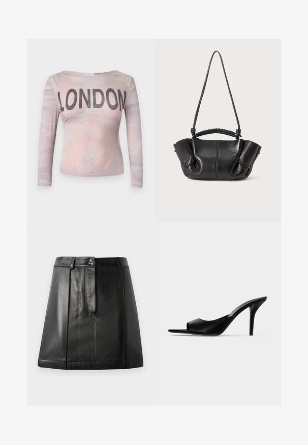 Blusa de manga larga que presenta un patrón abstracto en rosa claro con "LONDON" impreso en letras negras en negrita a lo largo del pecho. Tela elástica.; Falda de cuero negro con una forma estructurada, que cuenta con un bolsillo frontal y un accesorio metálico en la cintura. Textura suave y detalles de costura.; Mule de piel negra con punta abierta y tacón alto de aguja fino, mostrado de perfil sobre un fondo liso.; Bolso de piel negra con un acabado texturizado, suaves pliegues, asas dobles y un detalle de mango trenzado. Compacto, con un diseño de parte superior abierta.