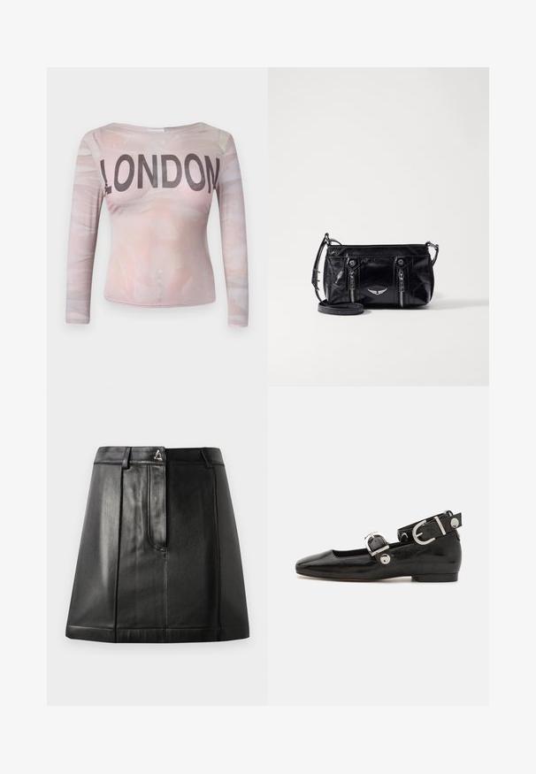 T-shirt à manches longues avec un motif abstrait rose clair et "LONDON" imprimé en lettres noires en gras sur la poitrine. Tissu extensible.; Jupe en cuir noir avec une forme structurée, dotée d'une poche avant et d'un accent métallique à la taille. Texture lisse et détails de couture.; Ballerine en cuir verni noir avec un bout carré, sangle de cheville avec des détails en métal argenté et semelle plate. Texture lisse avec un design minimaliste.; Sac à bandoulière en simili cuir noir avec poches zippées, un emblème décoratif en argent et une sangle réglable. Texture brillante et forme compacte.