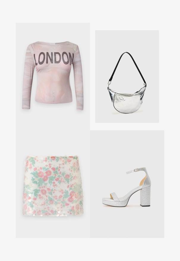 Langærmet top med et lyserødt abstrakt mønster og "LONDON" trykt i fede sorte bogstaver over brystet. Strækbart stof.; Hvidt stof med blomstermønster i pastelfarvet pink og grønne blomster, der har en struktureret overflade og diskrete palietter langs bunden.; Sølv glitrende højhælede sandal med bred blokhæls, åben tå og justerbar ankelrem. Glat indvendigt og tekstureret udvendigt.; Sølvfarvet metallisk skuldertaske i halvmåneform med sort justerbar rem og lynlås lukning på ensartet lys baggrund.