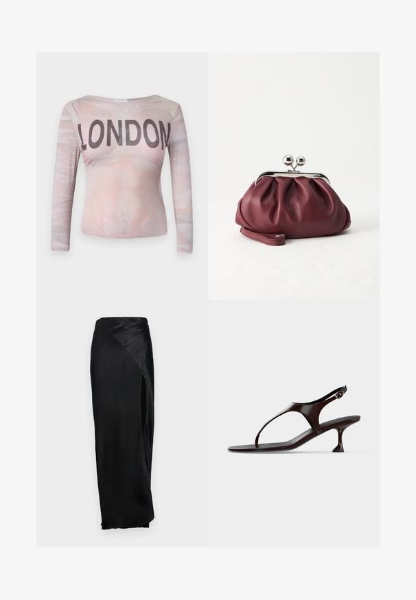 T-shirt à manches longues avec un motif abstrait rose clair et "LONDON" imprimé en lettres noires en gras sur la poitrine. Tissu extensible.; Jupe maxi en satin noir avec une fente sur le côté, texture lisse et design drapé. Présente une taille haute et une silhouette fluide.; Sandale slingback en cuir verni marron foncé avec petit talon et bride entre les orteils sur fond blanc.; Petit sac pochette en cuir bordeaux avec fermoir métallique argenté et bracelet sur fond blanc.