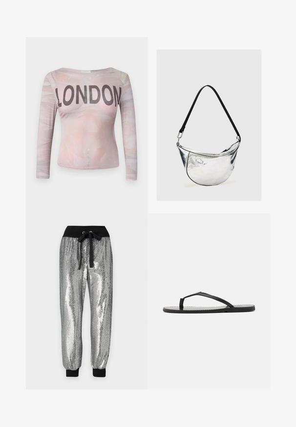 Blusa de manga larga que presenta un patrón abstracto en rosa claro con "LONDON" impreso en letras negras en negrita a lo largo del pecho. Tela elástica.; Pantalones jogger de lentejuelas plateadas con cinturilla elástica negra, cordón y puños negros en los tobillos para un ajuste ajustado.; Chancla negra con un diseño minimalista, que presenta tiras delgadas y una suela plana. El material parece plástico con una textura suave.; Bolso de hombro metálico plateado con forma de media luna, con correa negra ajustable y cierre de cremallera sobre fondo liso claro.