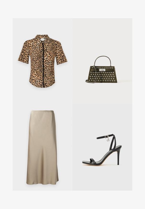 Chemise à manches courtes à boutonner, ornée d'un imprimé léopard dans des tons de marron et de noir. Texture lisse avec un col classique et une patte de boutonnage sur le devant.; Jupe midi en satin beige clair avec une taille élastique, texture lisse et forme évasée. Aucun motif ou matériel visible.; Sandale à talon haut noire avec une bride étroite à la cheville, bout carré, cuir lisse et accent de boucle métallique.; Sac à main en daim vert olive avec des clous ronds en argent, une poignée supérieure, une bandoulière et un fermoir rectangulaire en argent.