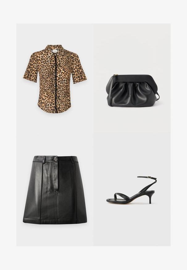 Chemise à manches courtes à boutonner, ornée d'un imprimé léopard dans des tons de marron et de noir. Texture lisse avec un col classique et une patte de boutonnage sur le devant.; Jupe en cuir noir avec une forme structurée, dotée d'une poche avant et d'un accent métallique à la taille. Texture lisse et détails de couture.; Sandale pour femme en cuir noir avec fines lanières, une boucle d'orteil, une boucle à la cheville et un talon aiguille de hauteur moyenne sur un fond neutre.; Pochette en cuir noir avec une structure rigide, des détails froncés et une fine lanière de poignet sur fond blanc.