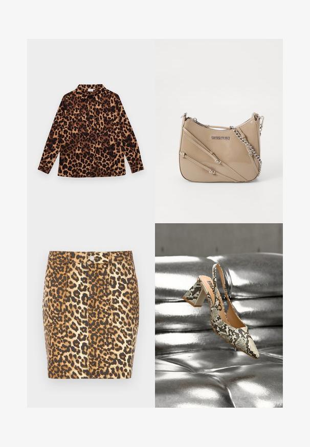 Leopardmønstret skjorte med knaplukning, lange ærmer, to brystlommer og krave. Fremstillet af blødt stof med en varm farvepalet.; Leopardprint denim mini-nederdel i brune og beige nuancer, med lukning foran med knapper og to sidelommer.; Spids tå slingback-hæl i et tekstureret slangeprintdesign med en chunky hvid hæl, sat mod en reflekterende sølvbaggrund.; Beige laklæder taske med en buet form, der har tre skrå stropper og en sølvkædestrop. Inkluderer lynlås lukning og logo detalje.