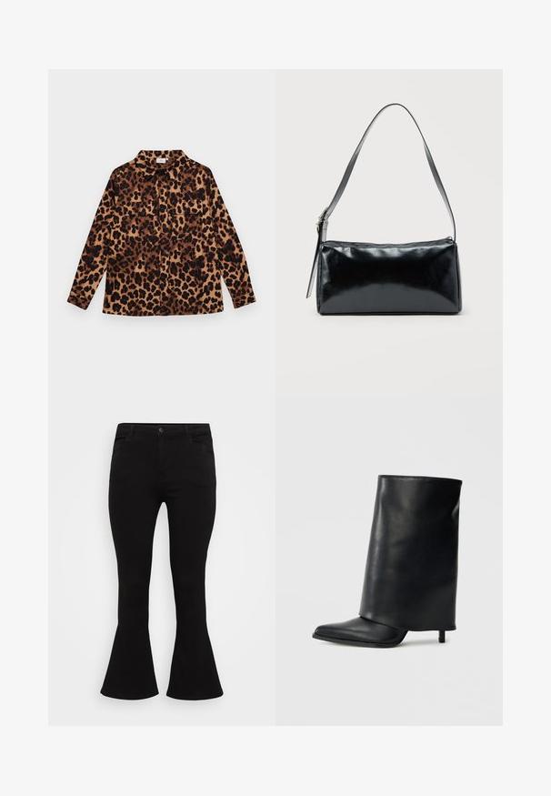 Leopardmønstret skjorte med knaplukning, lange ærmer, to brystlommer og krave. Fremstillet af blødt stof med en varm farvepalet.; Sorte flarejeans med en figursyet talje, standard fem-lommet design og en glat denimtekstur med en subtil stræk.; Sort læderankelstøvle med et struktureret, ombukket design, spids tå og en tynd hæl. Glat tekstur med minimalt detaljer.; Sort rektangulær skuldertaske med en enkelt justerbar rem og lynlås i toppen på en ensfarvet baggrund.
