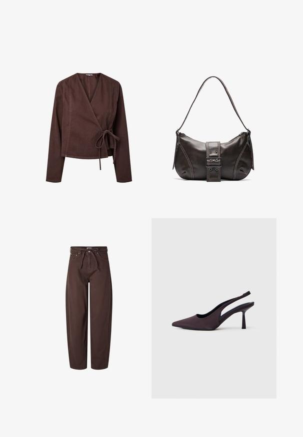 Veste marron style portefeuille à manches longues, fermeture nouée à la taille, en tissu texturé. Présente un col en V profond et un ourlet droit.; Pantalon large marron en coton avec taille à cordon de serrage, comprenant deux poches et des accents en rivets.; Chaussure à talon slingback en tissu violet foncé. Design à bout pointu, côtés ouverts, et talon mince de forme carrée. Texture lisse.; Sac à épaule en cuir marron avec une forme courbée, présentant un détail de boucle proéminent, des coutures contrastantes et une seule bandoulière.